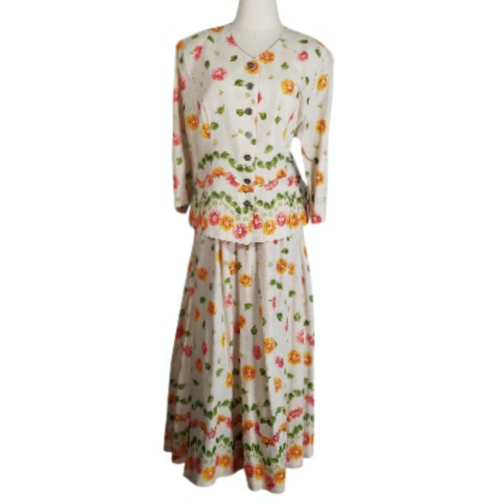 Vintage Geiger Collection Tyrolyian Floral Linen Blend Skirt Set 44 Cottagecore